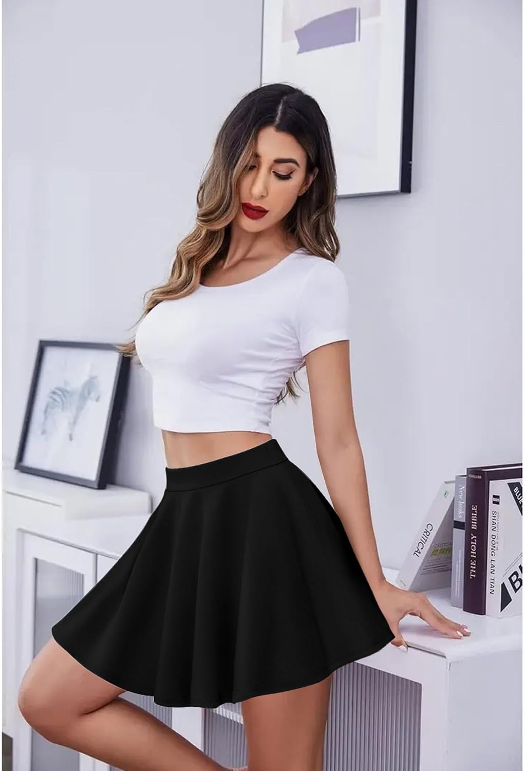 image:imageZeagoo Womens Skirt Basic Mini Skater Skirt 2026 Summer Skirts Stretchable High Waist ALine Party Club SkirtsBlack