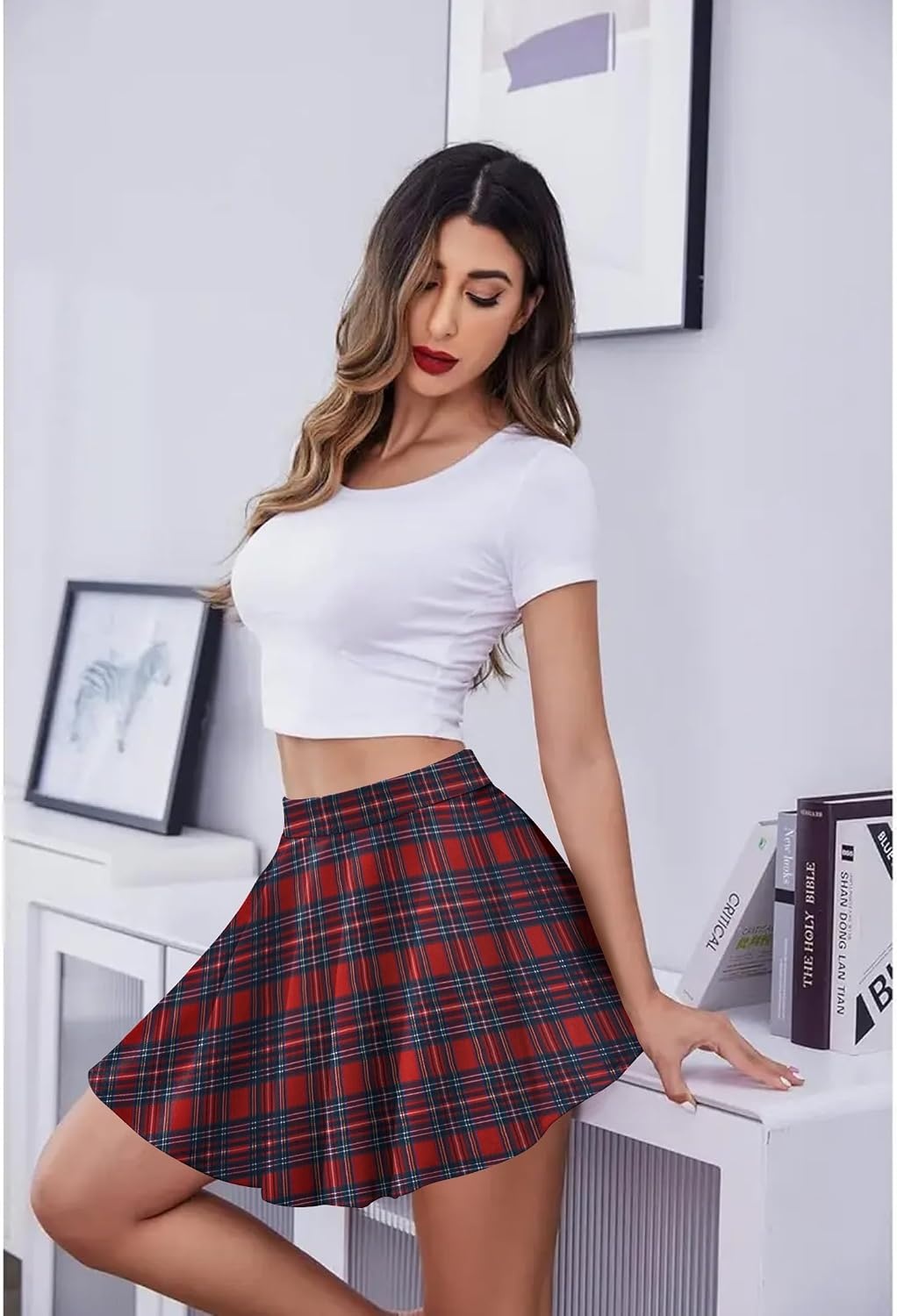 image:imageZeagoo Womens Skirt Basic Mini Skater Skirt 2026 Summer Skirts Stretchable High Waist ALine Party Club SkirtsChristmas Plaid