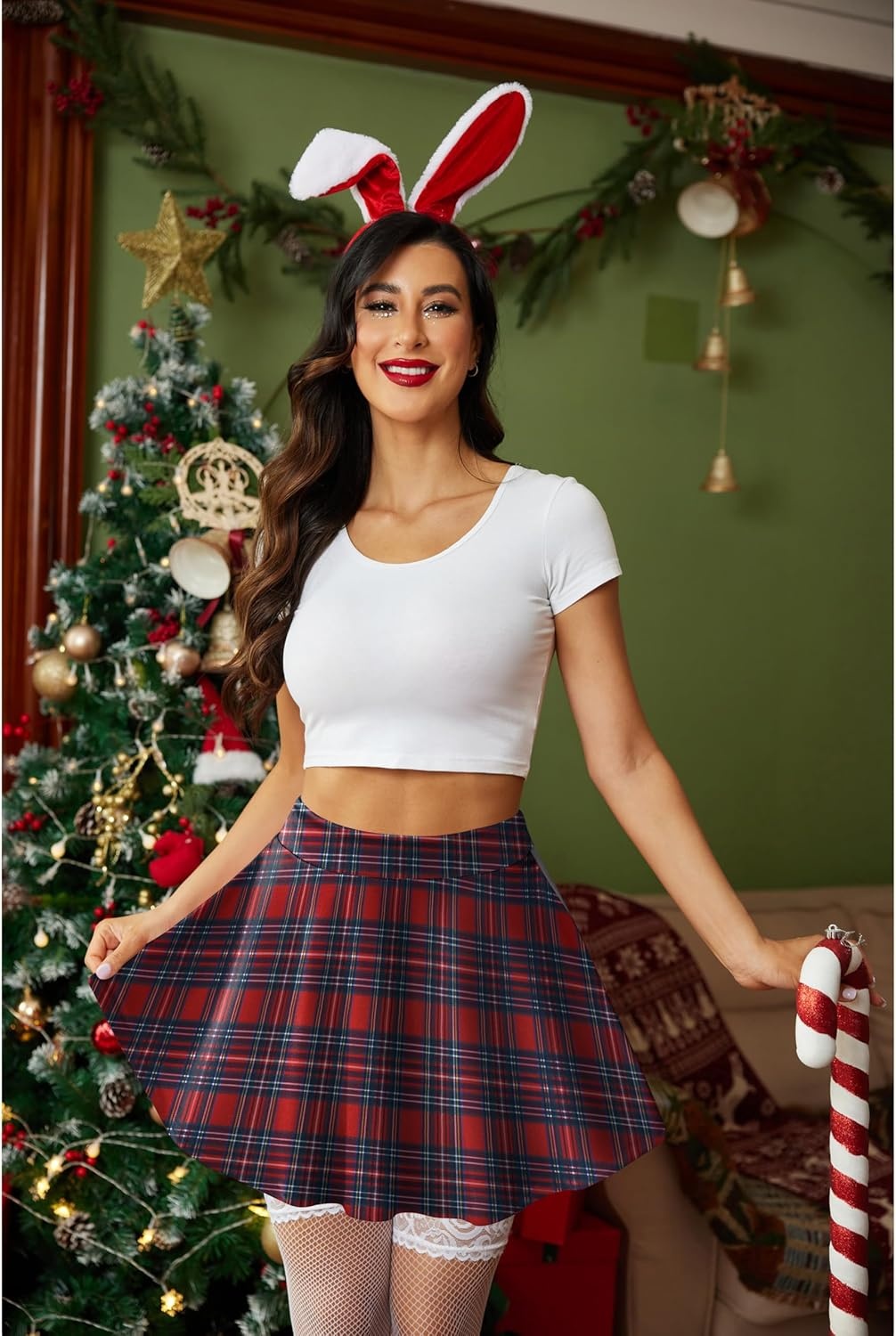 image:imageZeagoo Womens Skirt Basic Mini Skater Skirt 2026 Summer Skirts Stretchable High Waist ALine Party Club SkirtsChristmas Plaid