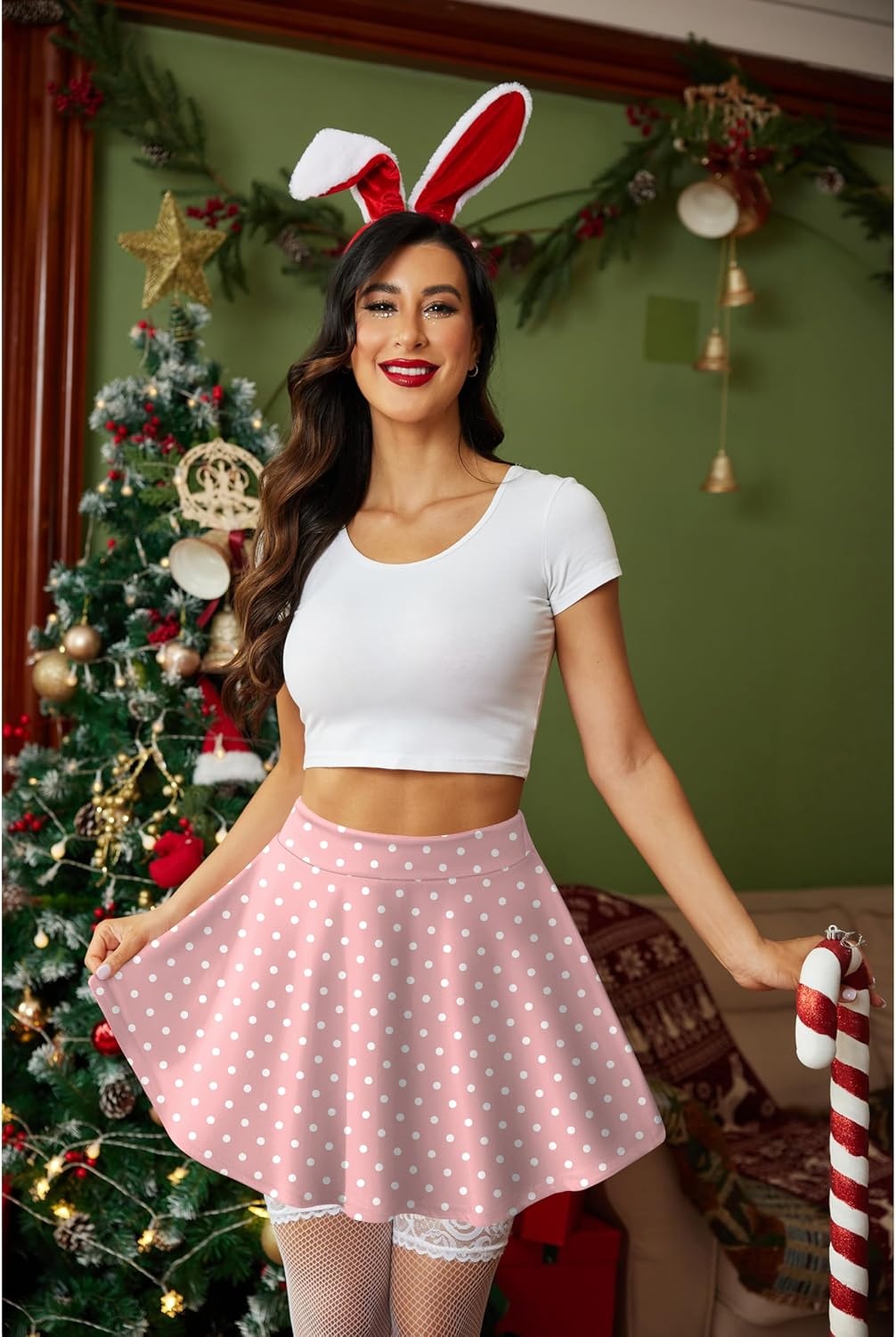 image:imageZeagoo Womens Skirt Basic Mini Skater Skirt 2026 Summer Skirts Stretchable High Waist ALine Party Club SkirtsPink White Dot