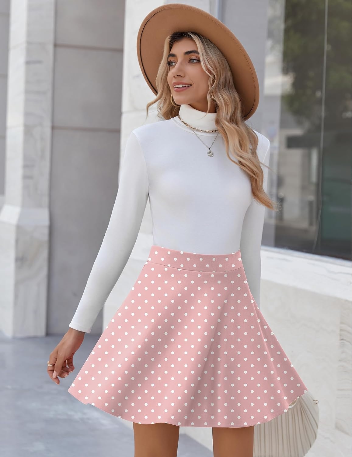 image:imageZeagoo Womens Skirt Basic Mini Skater Skirt 2026 Summer Skirts Stretchable High Waist ALine Party Club SkirtsPink White Dot