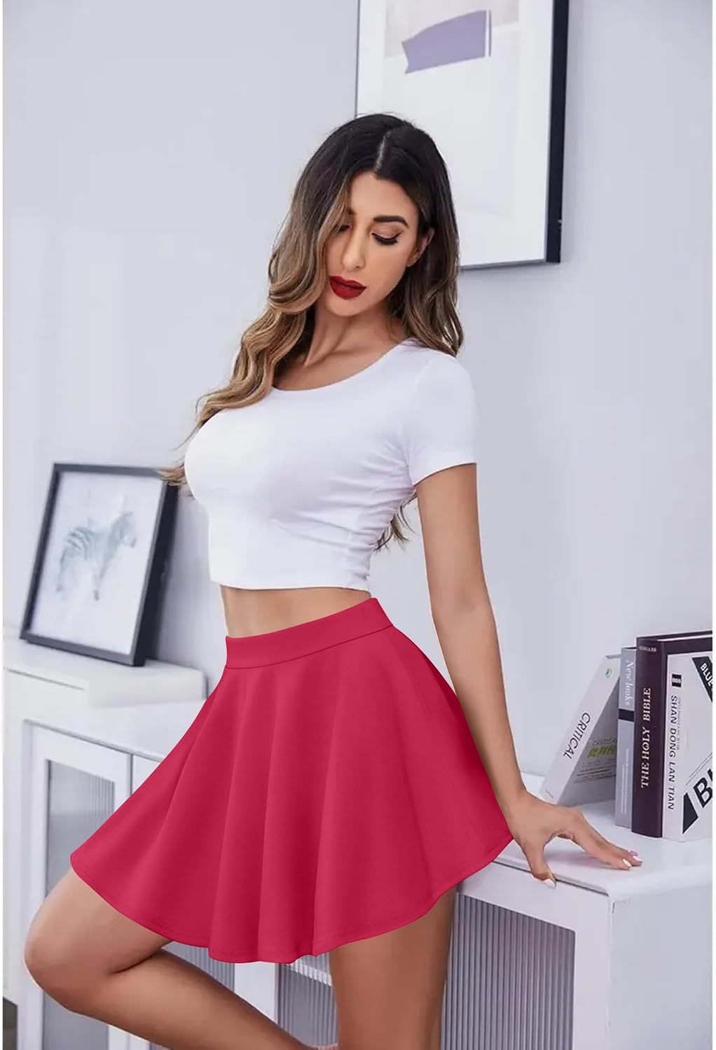 image:imageZeagoo Womens Skirt Basic Mini Skater Skirt 2026 Summer Skirts Stretchable High Waist ALine Party Club SkirtsRose