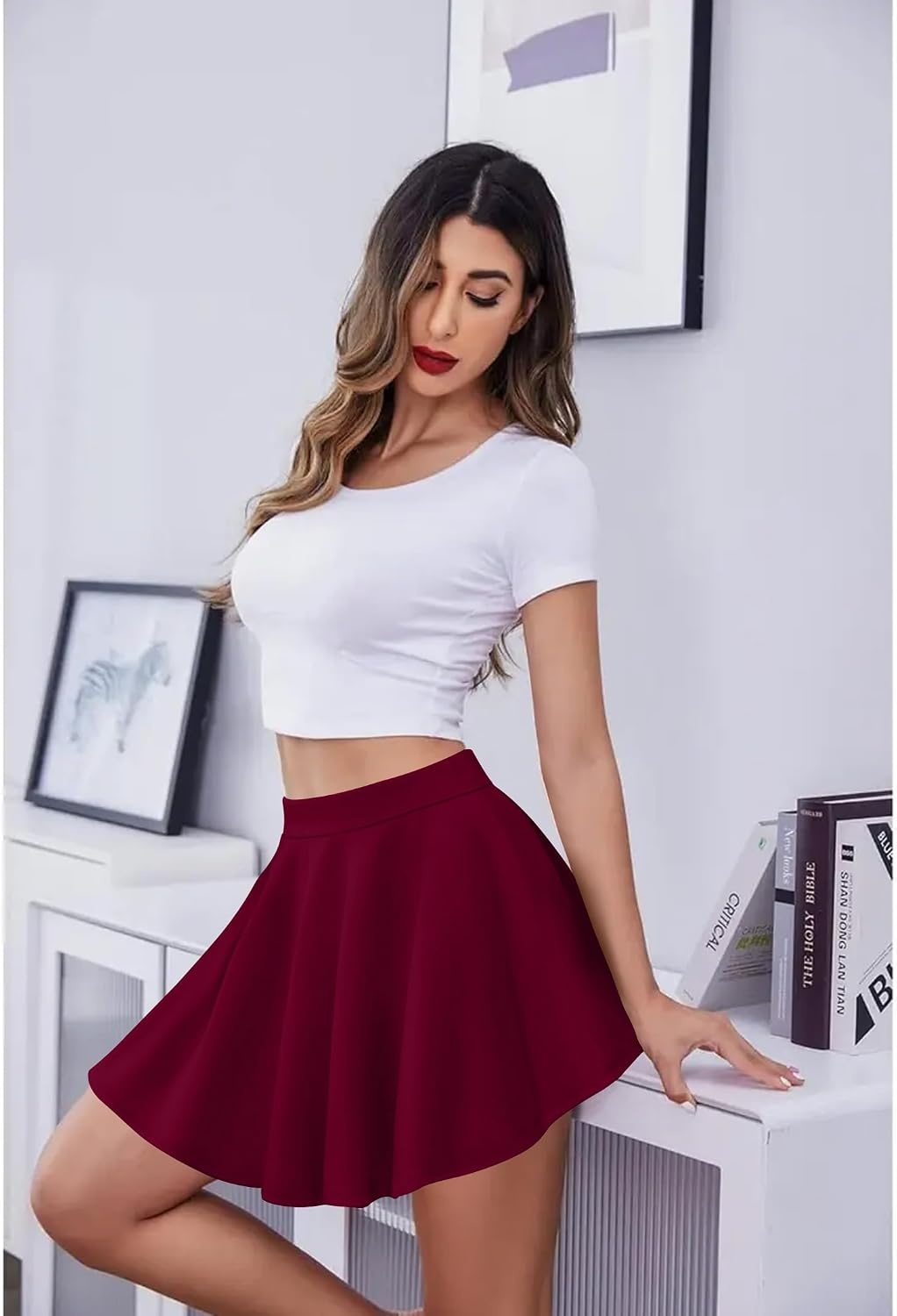 image:imageZeagoo Womens Skirt Basic Mini Skater Skirt 2026 Summer Skirts Stretchable High Waist ALine Party Club SkirtsWine Red
