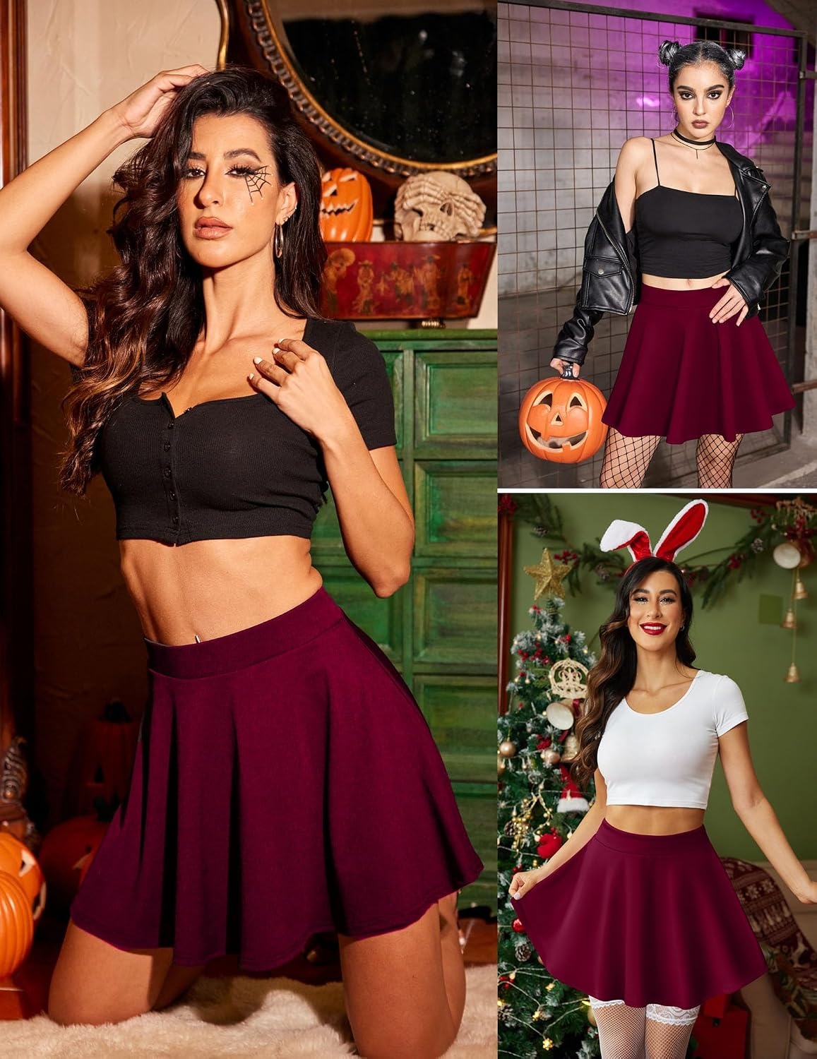 image:imageZeagoo Womens Skirt Basic Mini Skater Skirt 2026 Summer Skirts Stretchable High Waist ALine Party Club SkirtsWine Red
