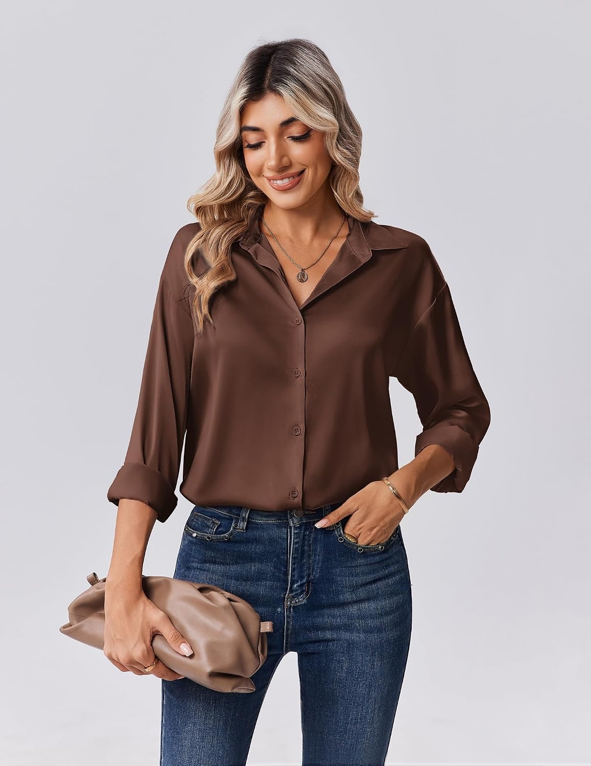 image:imageZeagoo Womens Tops Long Sleeve Satin Silk Button Down Shirts Dressy BlousesAbrown