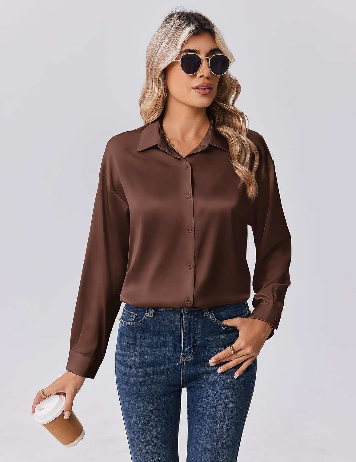image:imageZeagoo Womens Tops Long Sleeve Satin Silk Button Down Shirts Dressy BlousesAbrown