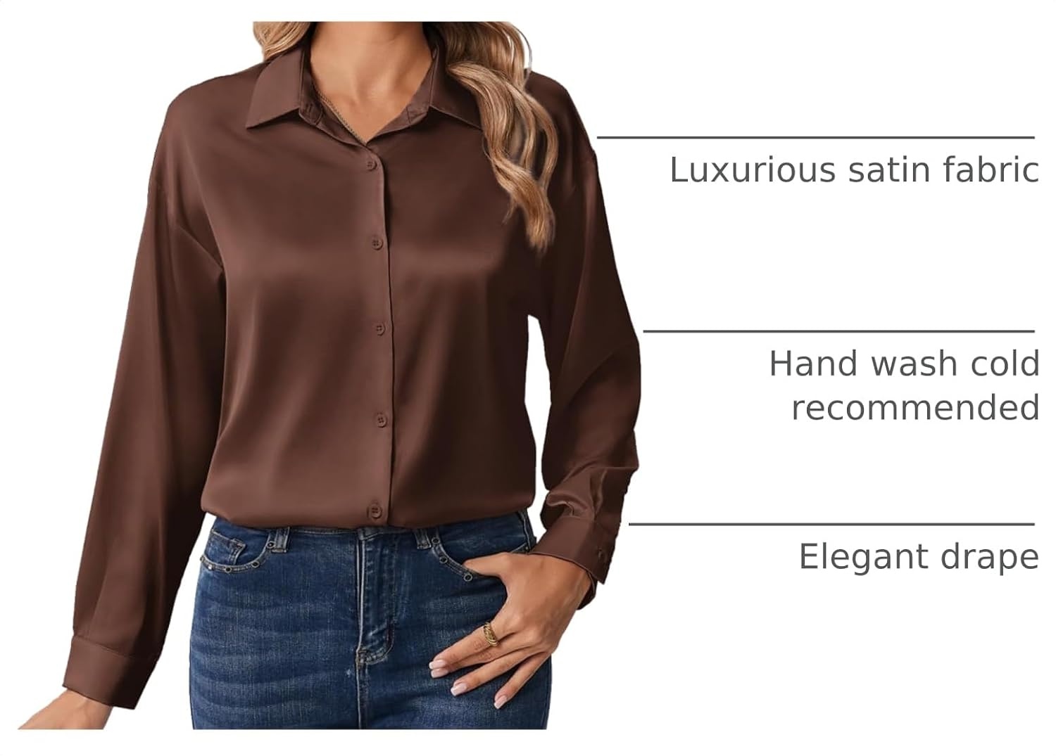 image:imageZeagoo Womens Tops Long Sleeve Satin Silk Button Down Shirts Dressy BlousesAbrown