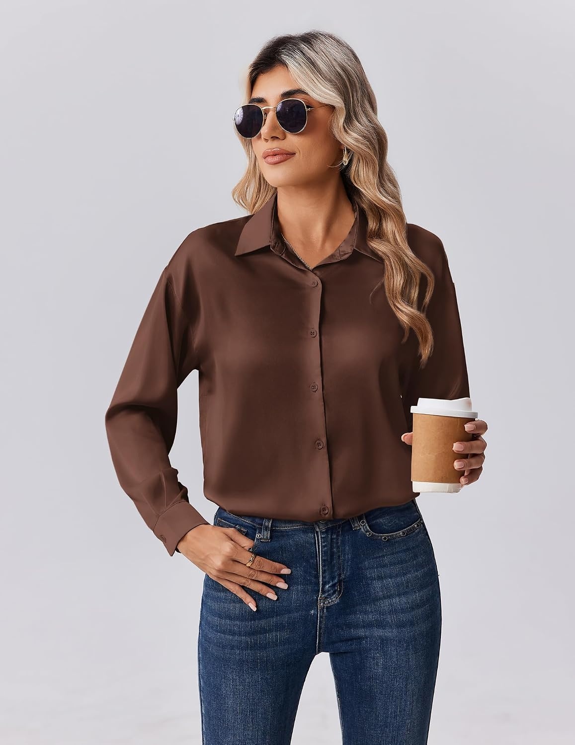 image:imageZeagoo Womens Tops Long Sleeve Satin Silk Button Down Shirts Dressy BlousesAbrown