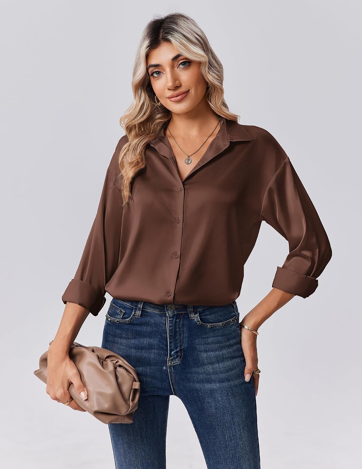 image:imageZeagoo Womens Tops Long Sleeve Satin Silk Button Down Shirts Dressy BlousesAbrown