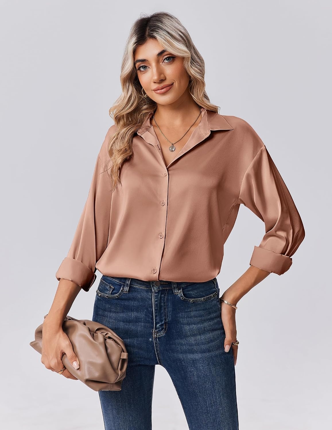 image:imageZeagoo Womens Tops Long Sleeve Satin Silk Button Down Shirts Dressy BlousesAlight Coffee