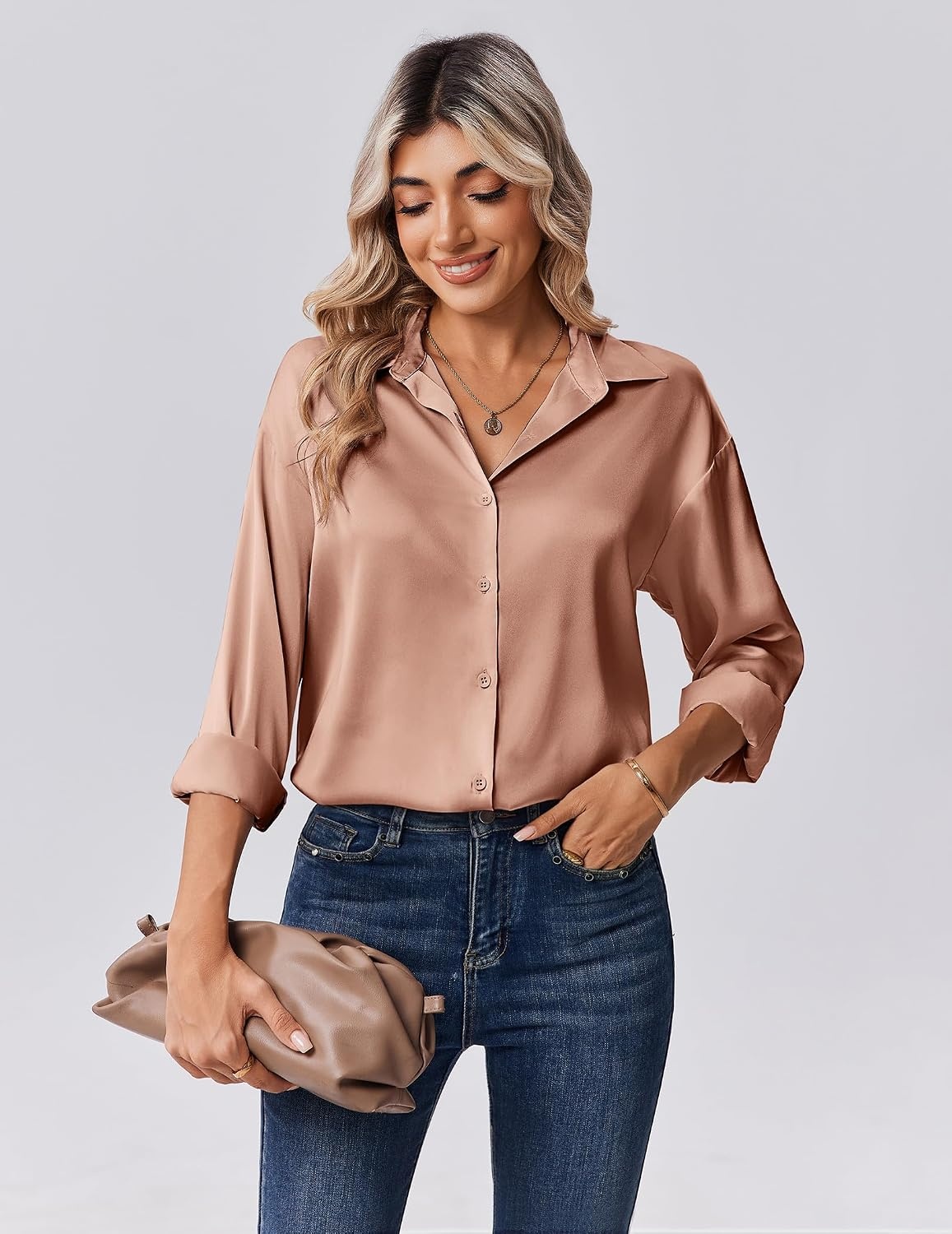 image:imageZeagoo Womens Tops Long Sleeve Satin Silk Button Down Shirts Dressy BlousesAlight Coffee