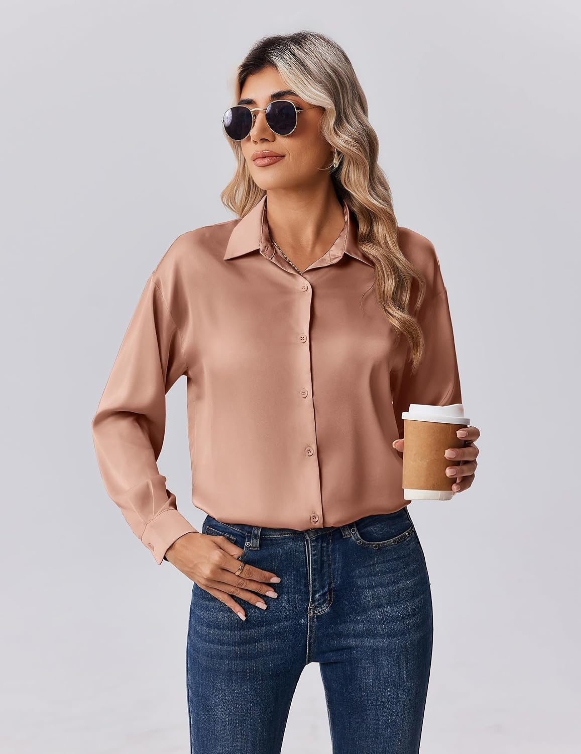 image:imageZeagoo Womens Tops Long Sleeve Satin Silk Button Down Shirts Dressy BlousesAlight Coffee