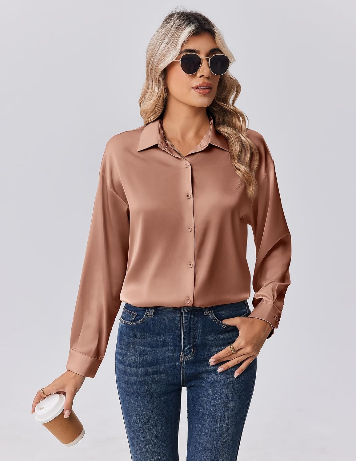 image:imageZeagoo Womens Tops Long Sleeve Satin Silk Button Down Shirts Dressy BlousesAlight Coffee