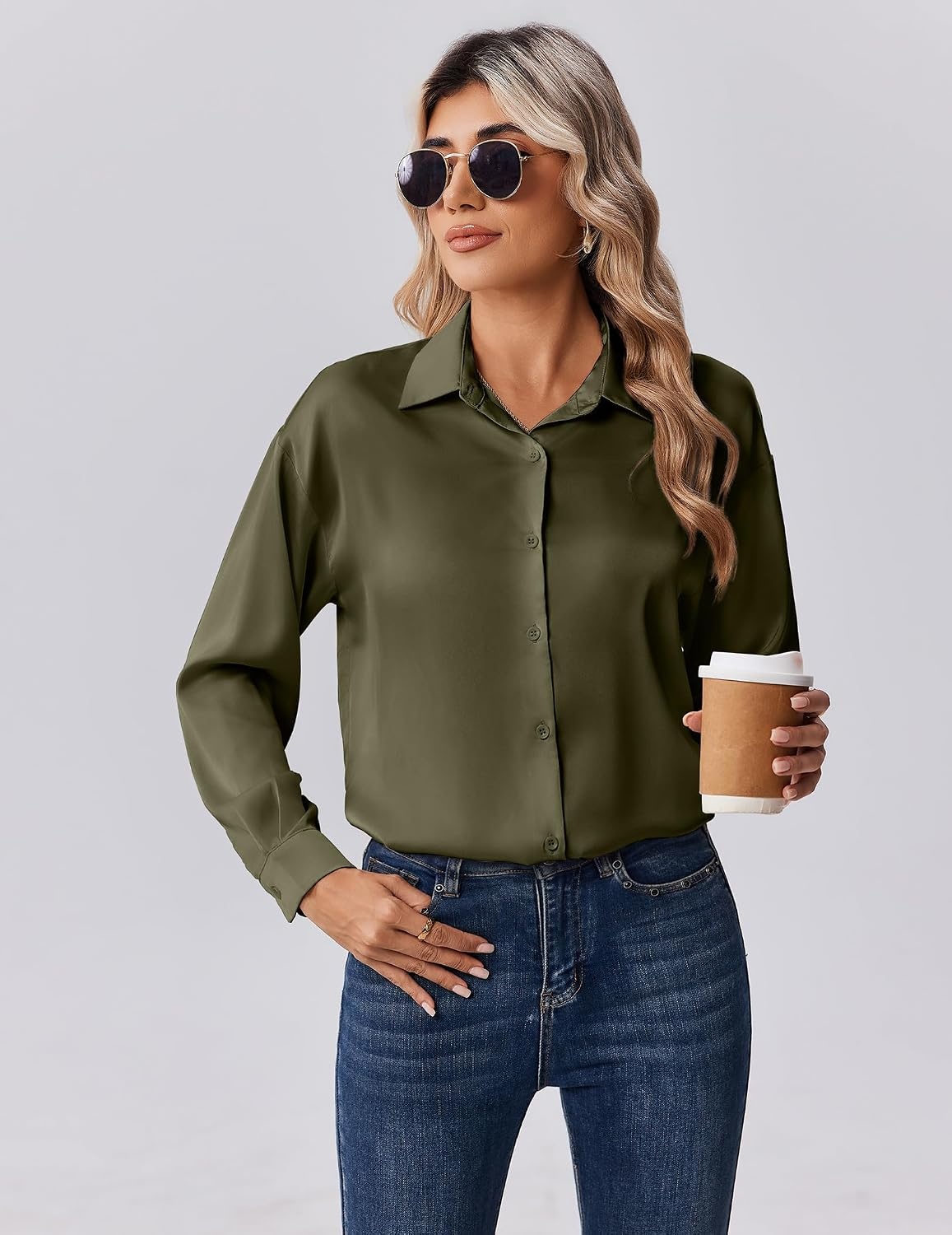 image:imageZeagoo Womens Tops Long Sleeve Satin Silk Button Down Shirts Dressy BlousesArmy Green