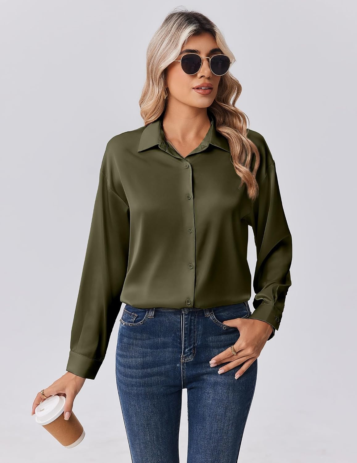 image:imageZeagoo Womens Tops Long Sleeve Satin Silk Button Down Shirts Dressy BlousesArmy Green