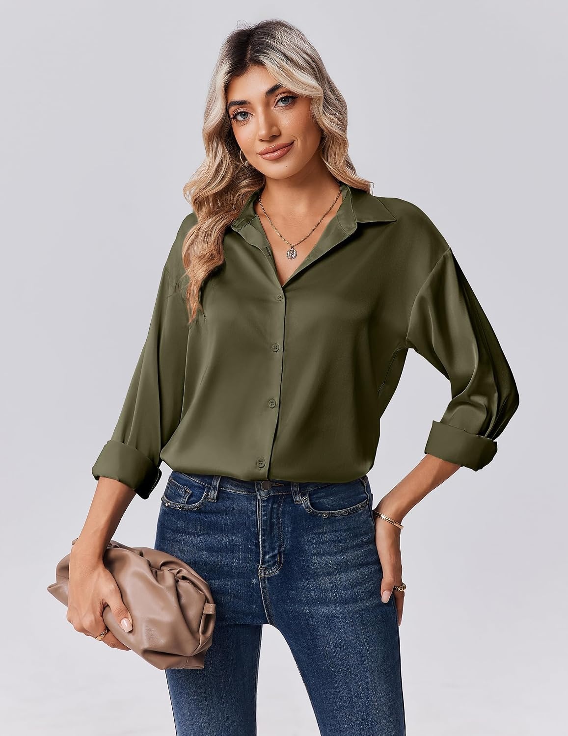 image:imageZeagoo Womens Tops Long Sleeve Satin Silk Button Down Shirts Dressy BlousesArmy Green