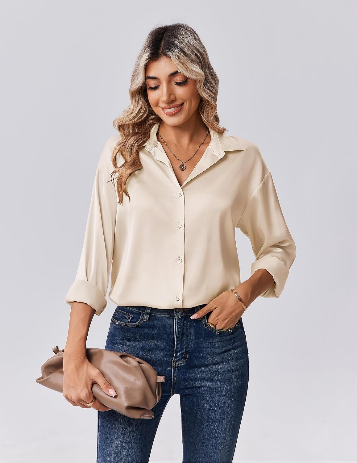 image:imageZeagoo Womens Tops Long Sleeve Satin Silk Button Down Shirts Dressy BlousesBeige