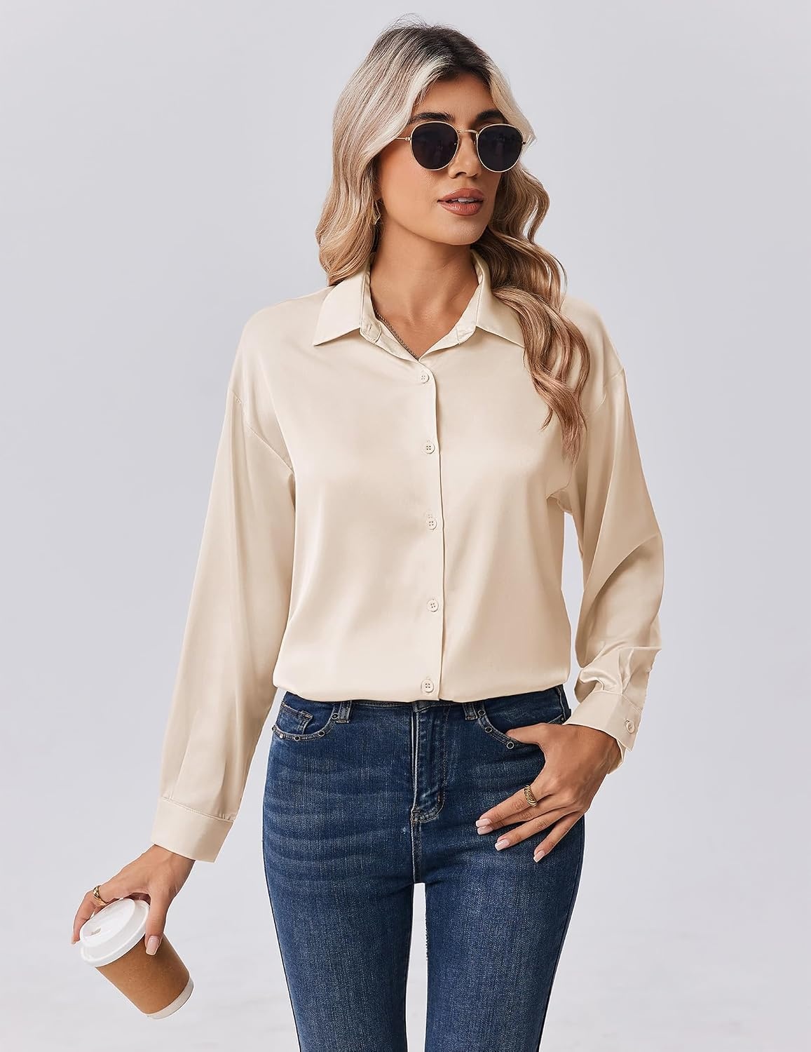 image:imageZeagoo Womens Tops Long Sleeve Satin Silk Button Down Shirts Dressy BlousesBeige