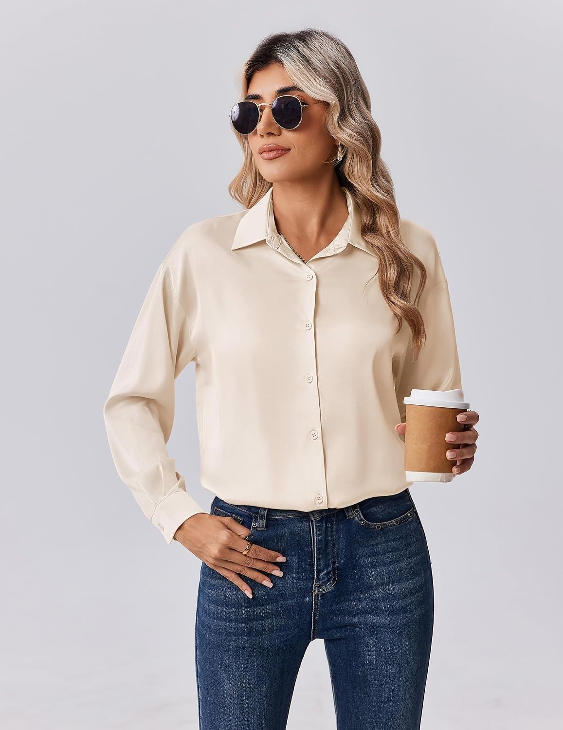 image:imageZeagoo Womens Tops Long Sleeve Satin Silk Button Down Shirts Dressy BlousesBeige