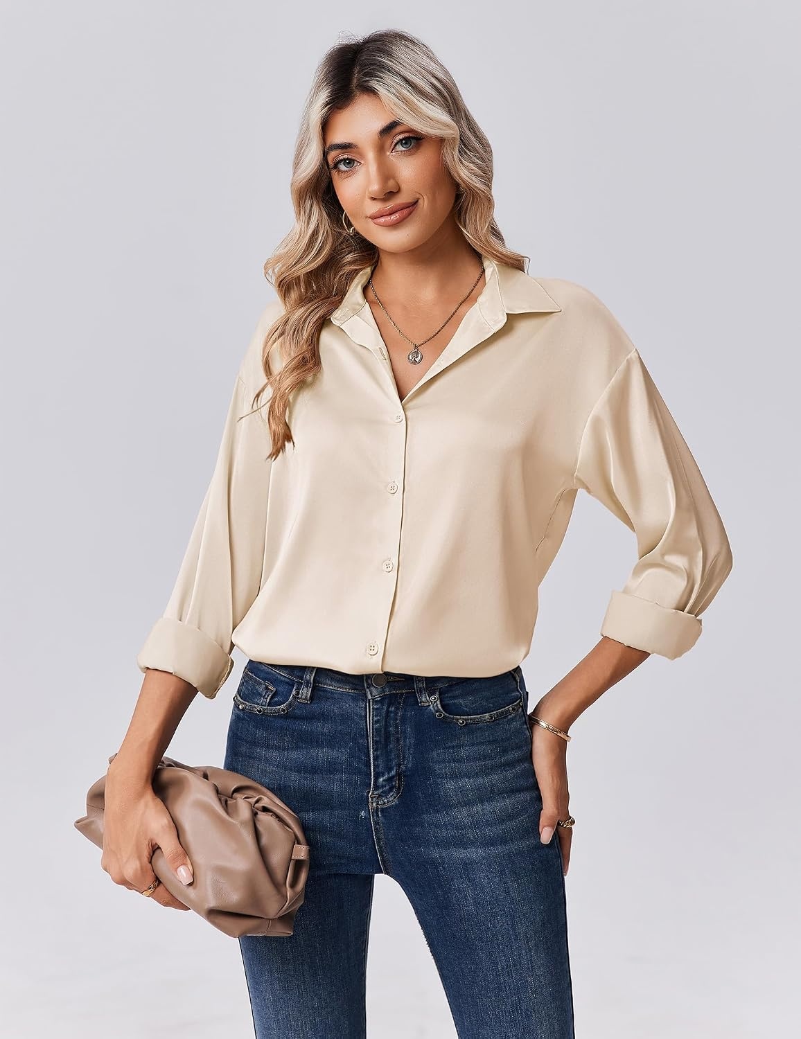 image:imageZeagoo Womens Tops Long Sleeve Satin Silk Button Down Shirts Dressy BlousesBeige
