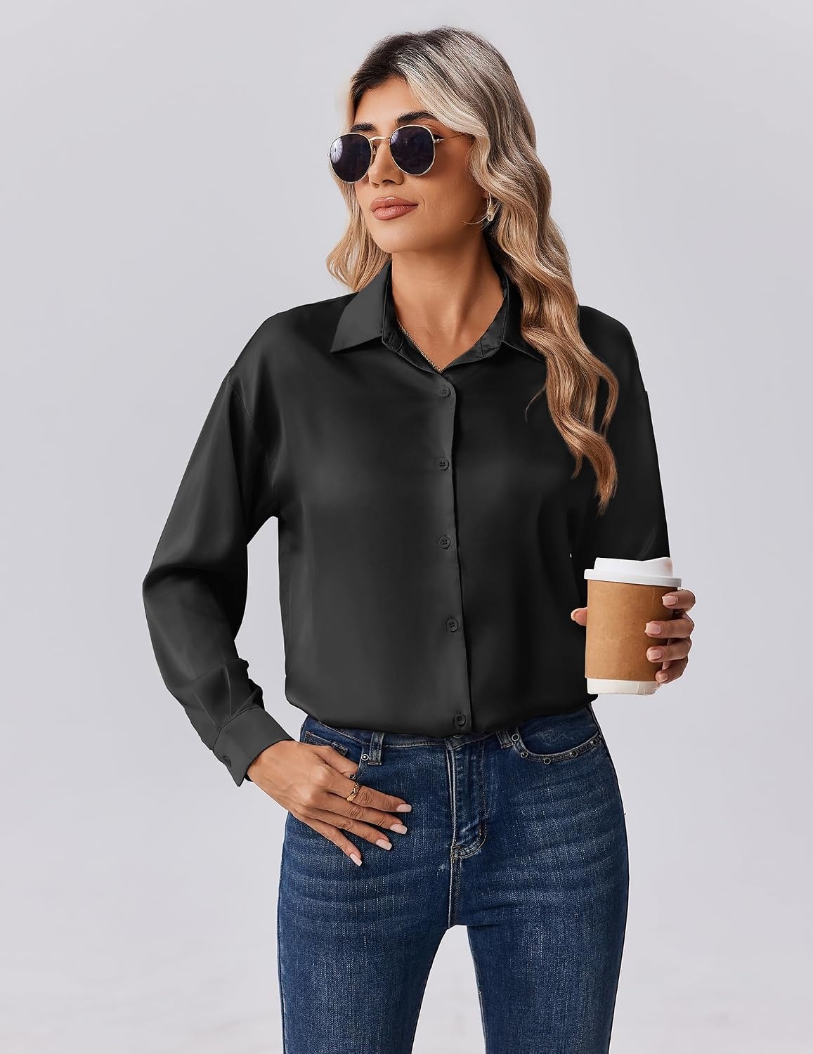 image:imageZeagoo Womens Tops Long Sleeve Satin Silk Button Down Shirts Dressy BlousesBlack