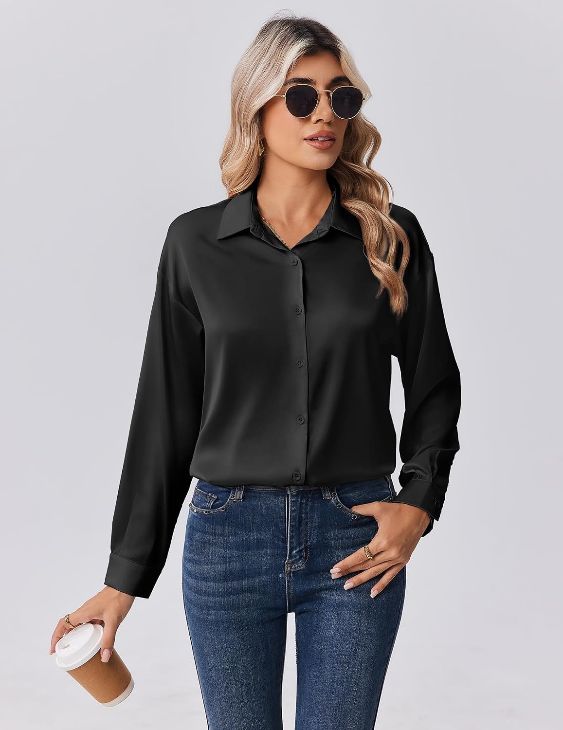 image:imageZeagoo Womens Tops Long Sleeve Satin Silk Button Down Shirts Dressy BlousesBlack