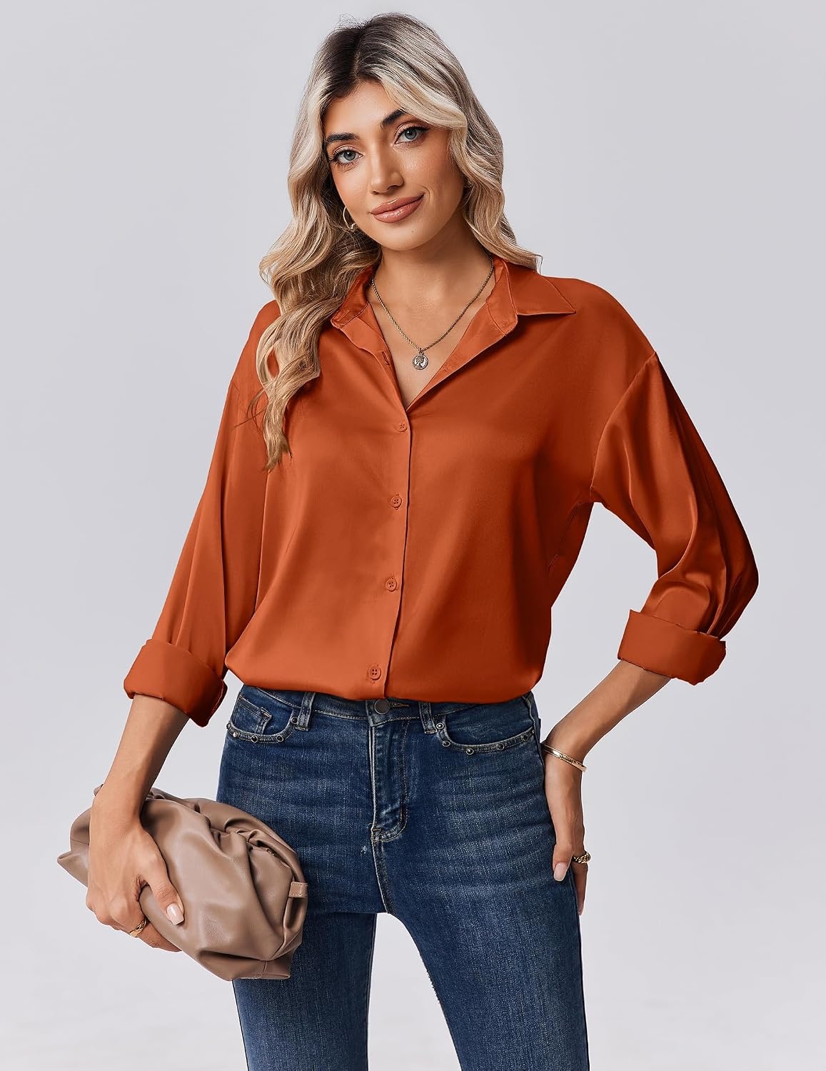 image:imageZeagoo Womens Tops Long Sleeve Satin Silk Button Down Shirts Dressy BlousesCaramel