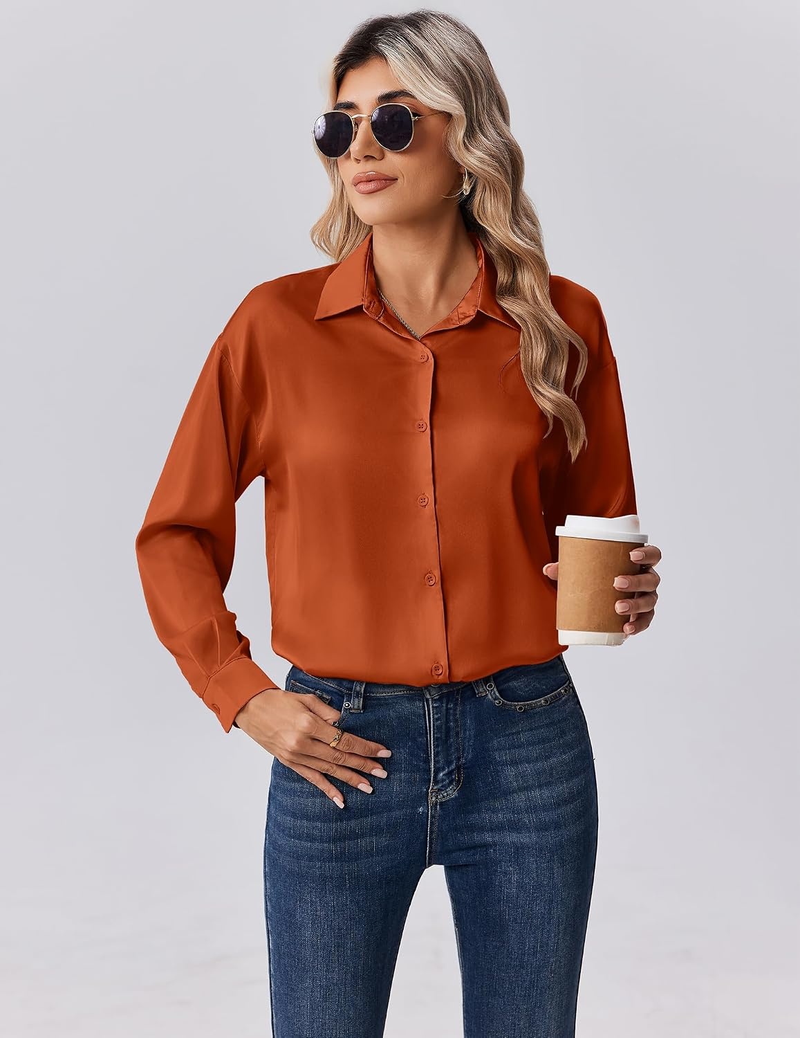 image:imageZeagoo Womens Tops Long Sleeve Satin Silk Button Down Shirts Dressy BlousesCaramel