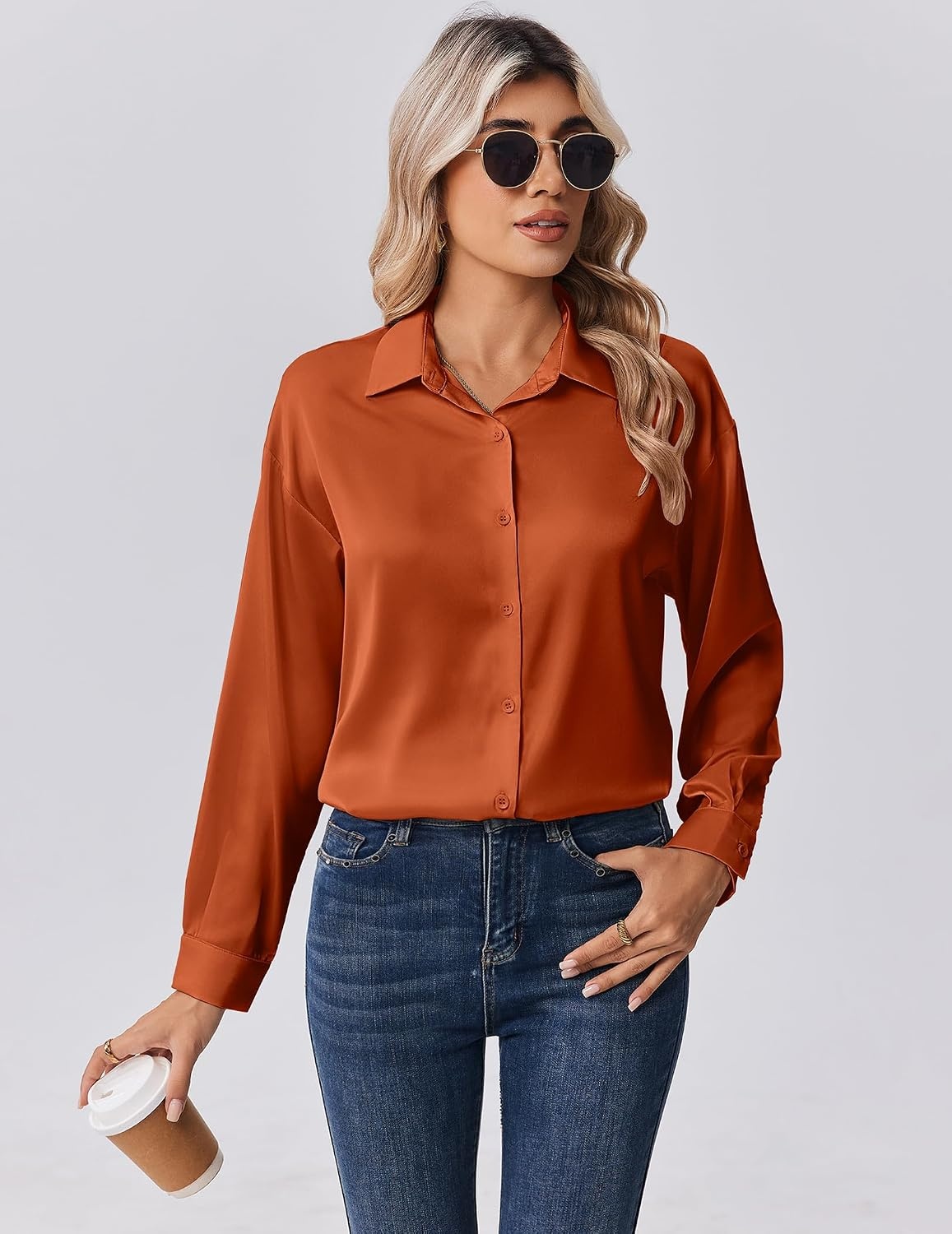 image:imageZeagoo Womens Tops Long Sleeve Satin Silk Button Down Shirts Dressy BlousesCaramel
