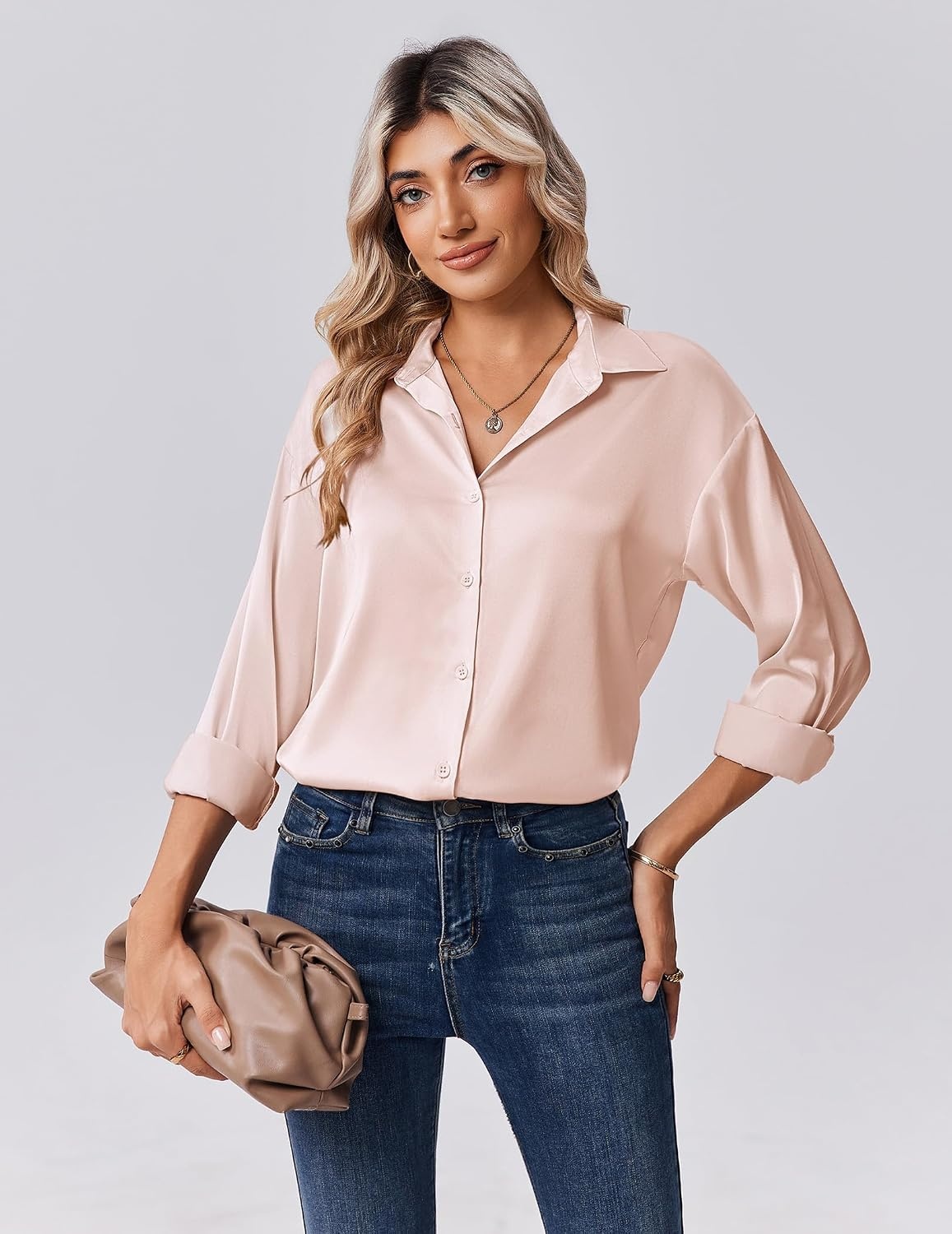 image:imageZeagoo Womens Tops Long Sleeve Satin Silk Button Down Shirts Dressy BlousesChampagne
