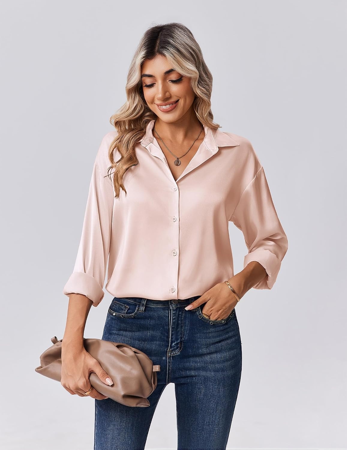 image:imageZeagoo Womens Tops Long Sleeve Satin Silk Button Down Shirts Dressy BlousesChampagne