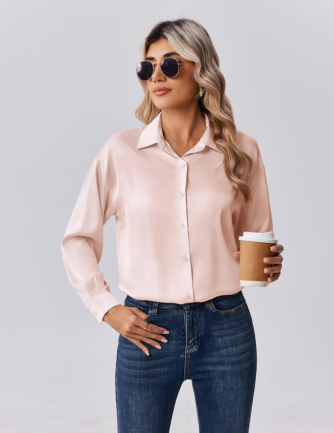 image:imageZeagoo Womens Tops Long Sleeve Satin Silk Button Down Shirts Dressy BlousesChampagne
