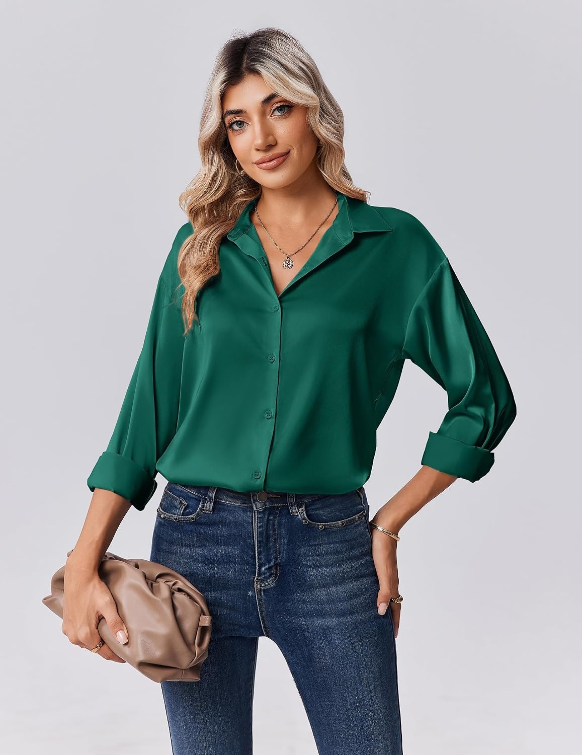image:imageZeagoo Womens Tops Long Sleeve Satin Silk Button Down Shirts Dressy BlousesDark Green