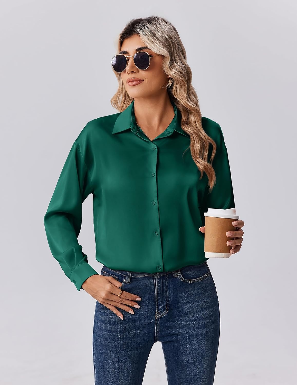 image:imageZeagoo Womens Tops Long Sleeve Satin Silk Button Down Shirts Dressy BlousesDark Green