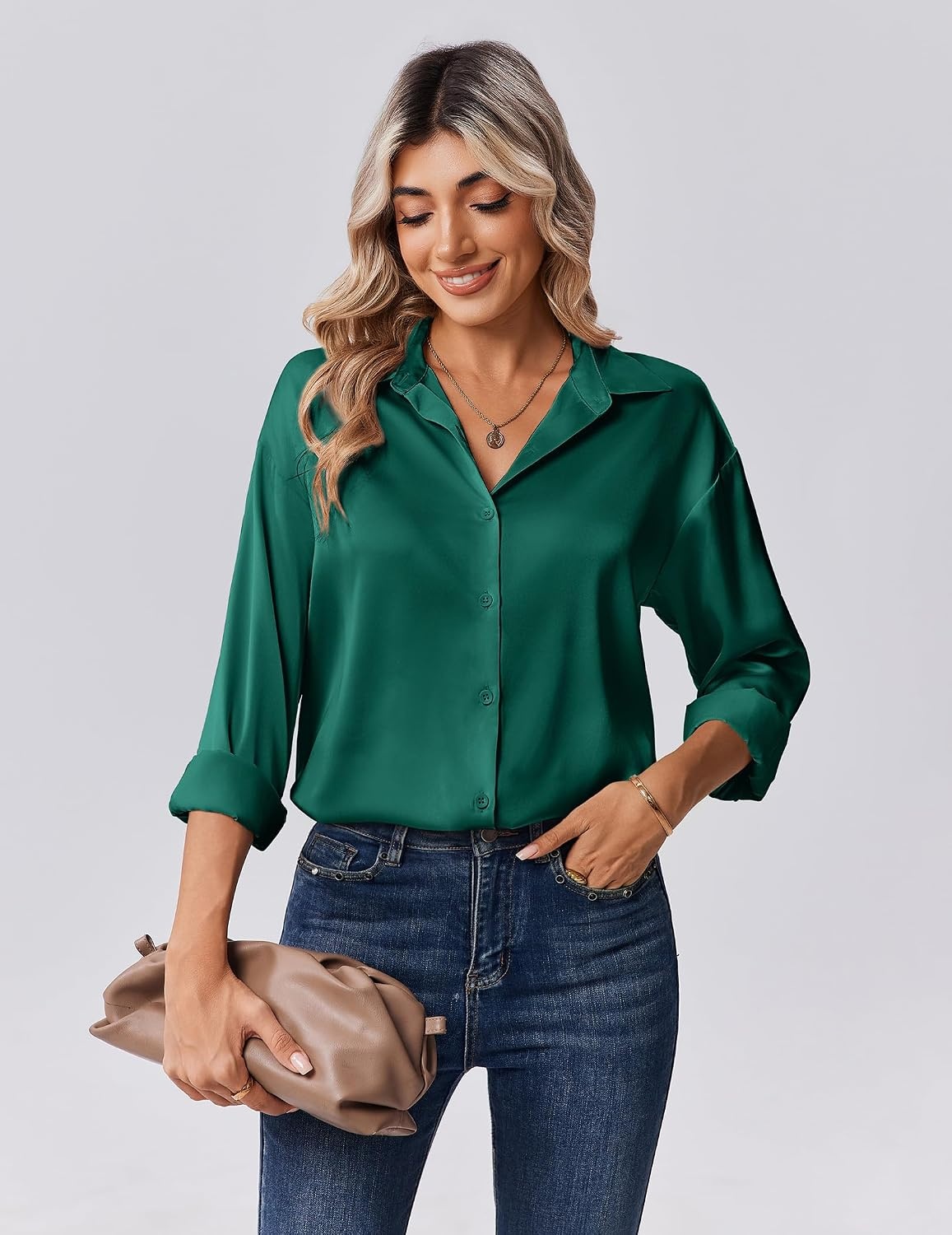 image:imageZeagoo Womens Tops Long Sleeve Satin Silk Button Down Shirts Dressy BlousesDark Green