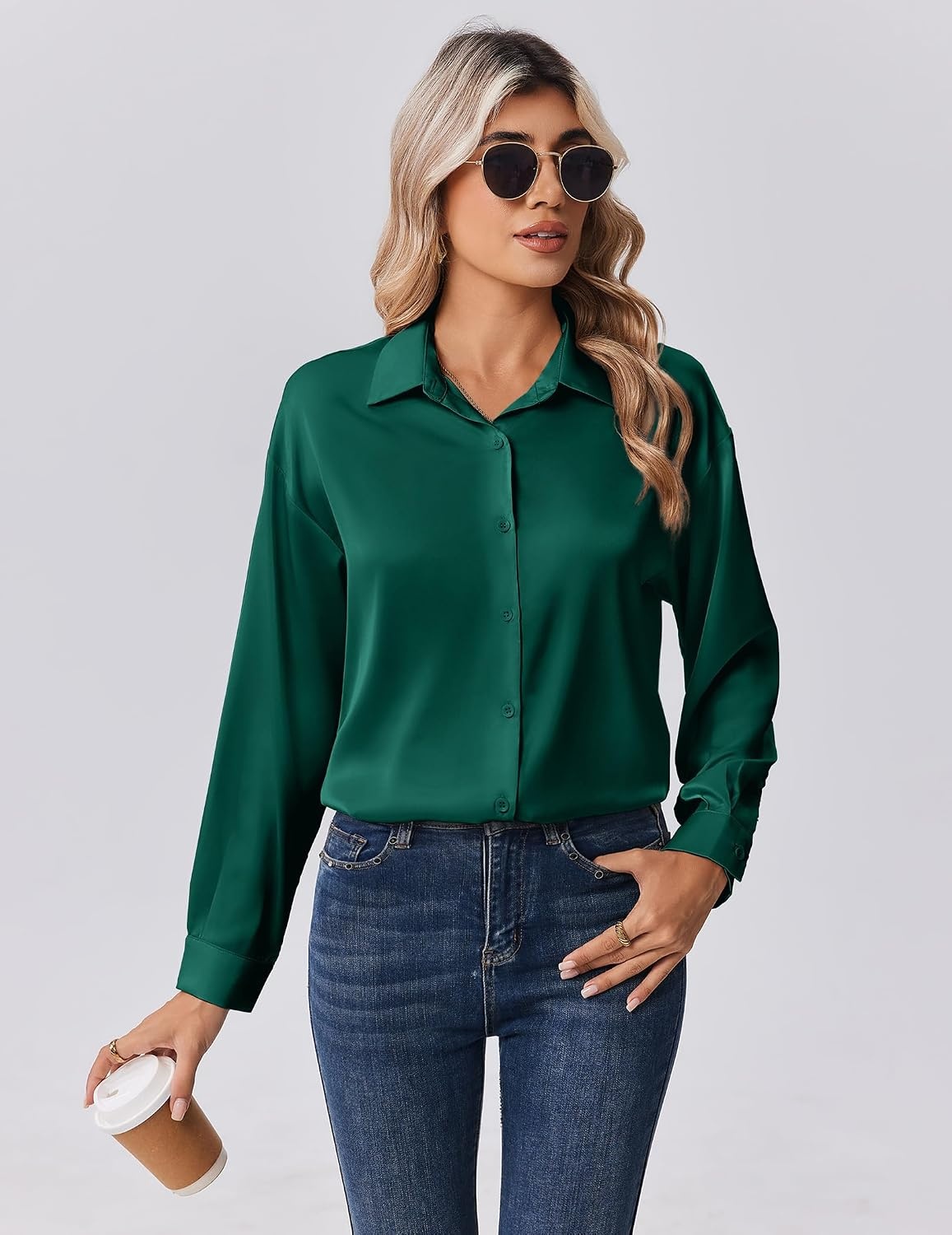 image:imageZeagoo Womens Tops Long Sleeve Satin Silk Button Down Shirts Dressy BlousesDark Green