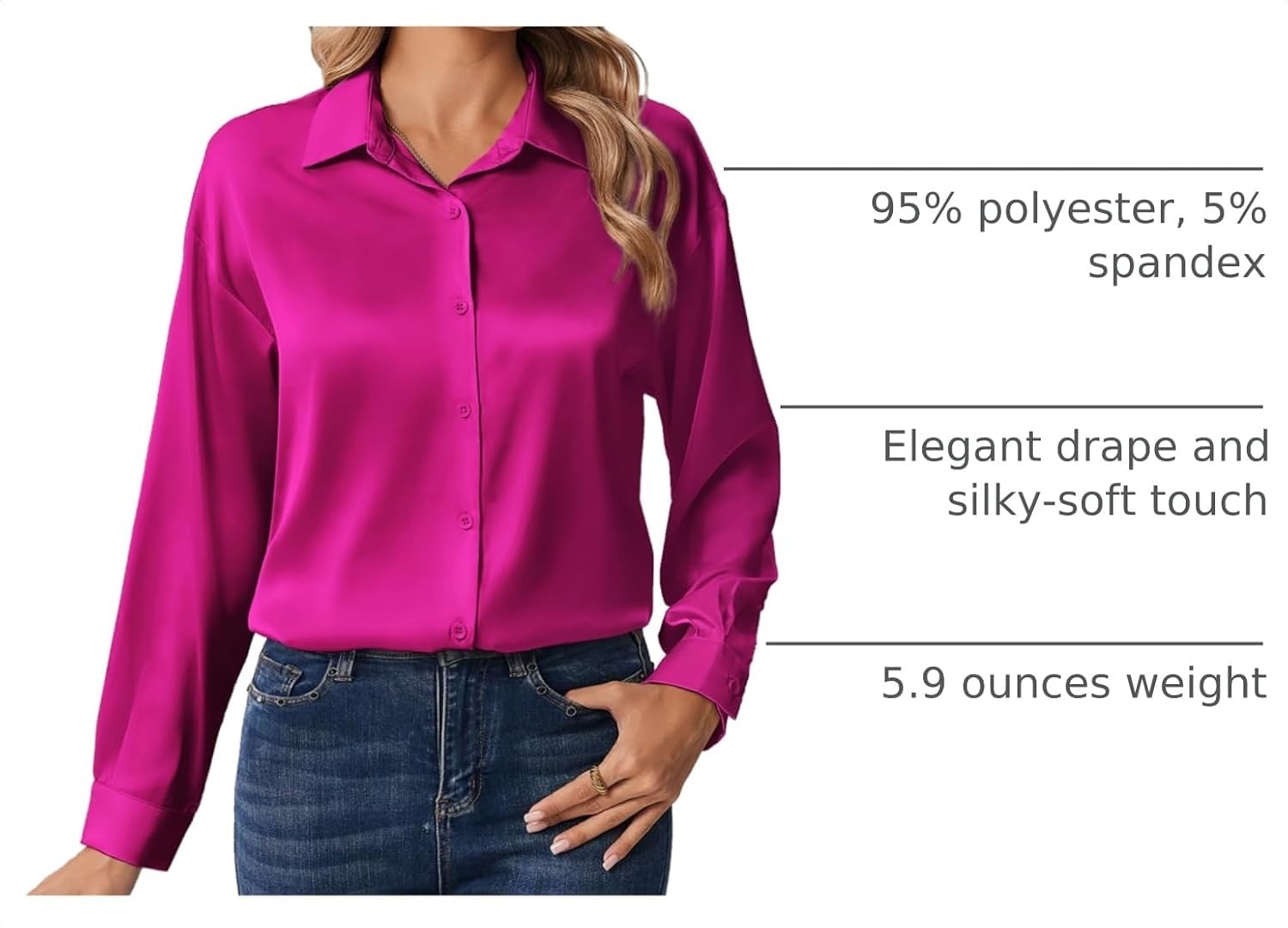 image:imageZeagoo Womens Tops Long Sleeve Satin Silk Button Down Shirts Dressy BlousesHot Pink