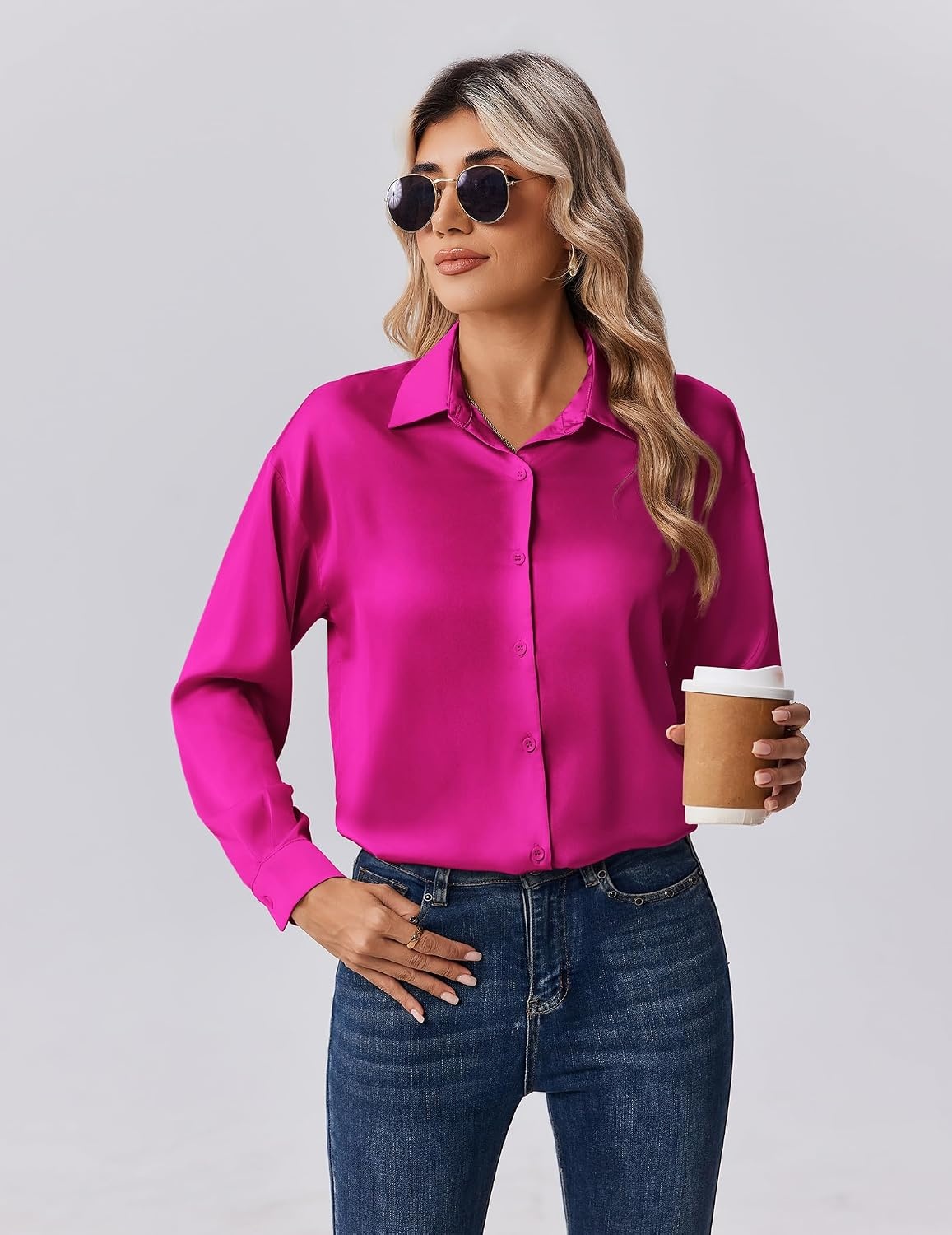 image:imageZeagoo Womens Tops Long Sleeve Satin Silk Button Down Shirts Dressy BlousesHot Pink