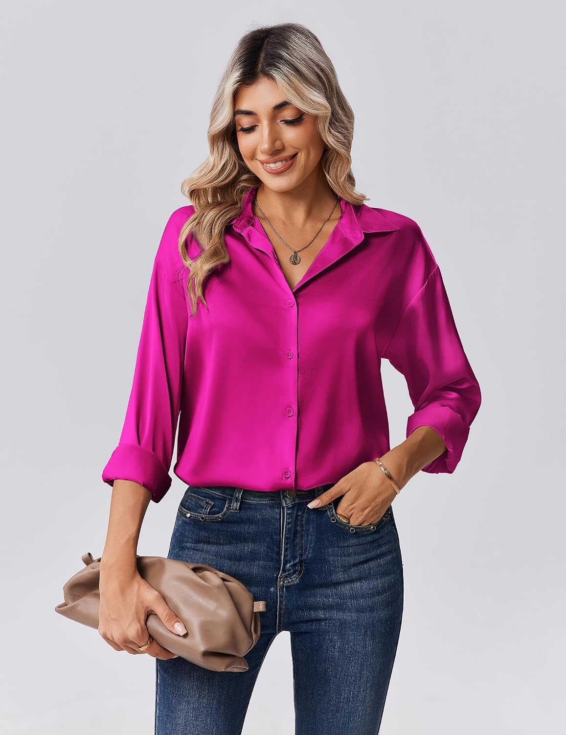 image:imageZeagoo Womens Tops Long Sleeve Satin Silk Button Down Shirts Dressy BlousesHot Pink