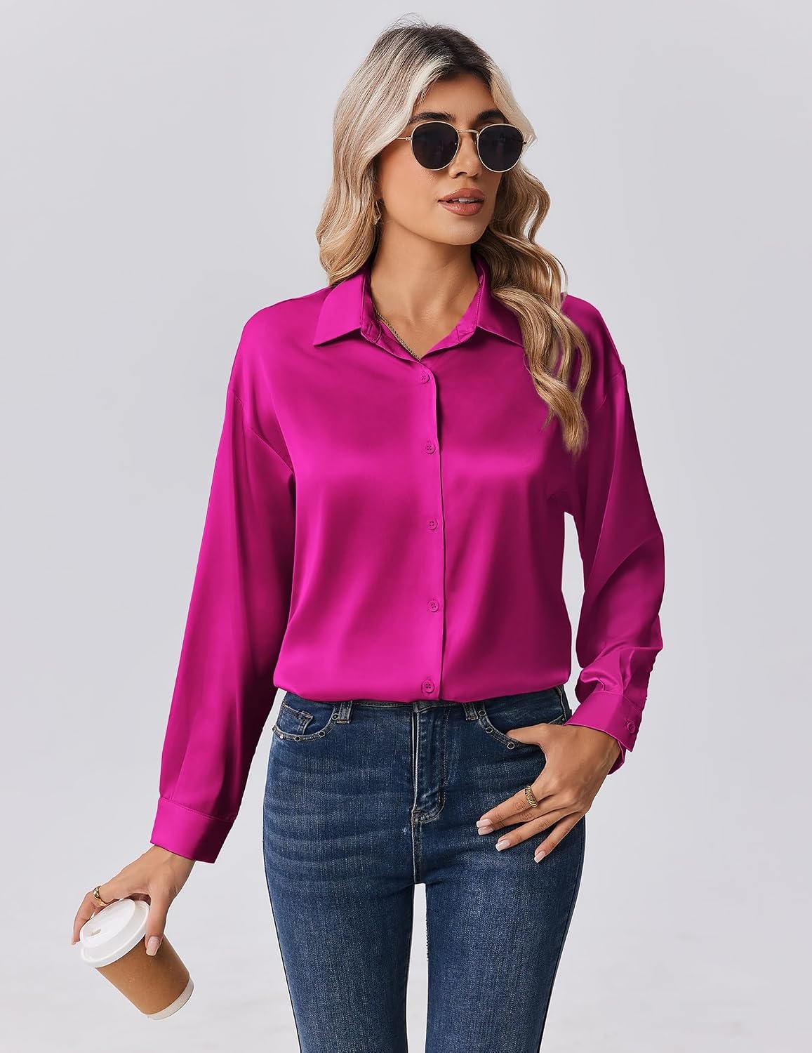 image:imageZeagoo Womens Tops Long Sleeve Satin Silk Button Down Shirts Dressy BlousesHot Pink