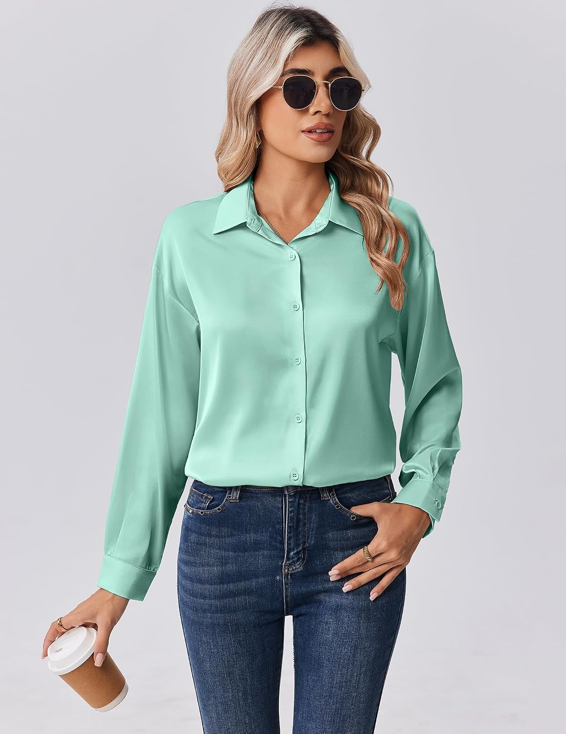 image:imageZeagoo Womens Tops Long Sleeve Satin Silk Button Down Shirts Dressy BlousesIce Green