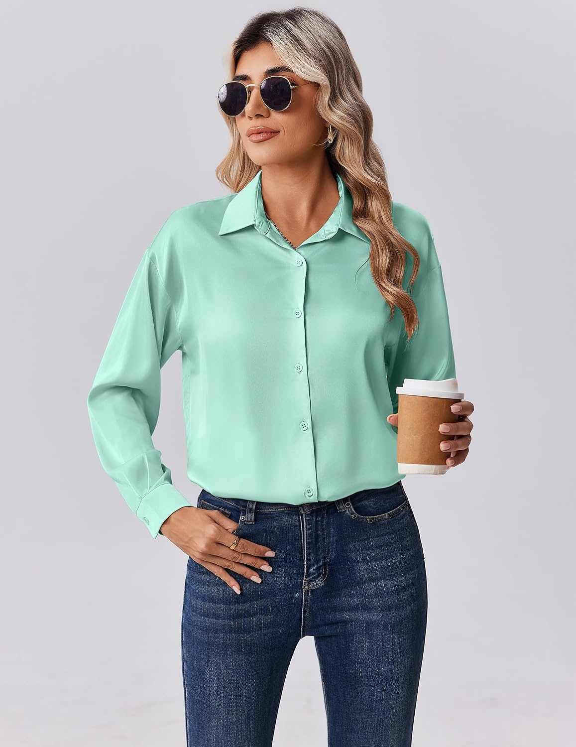image:imageZeagoo Womens Tops Long Sleeve Satin Silk Button Down Shirts Dressy BlousesIce Green