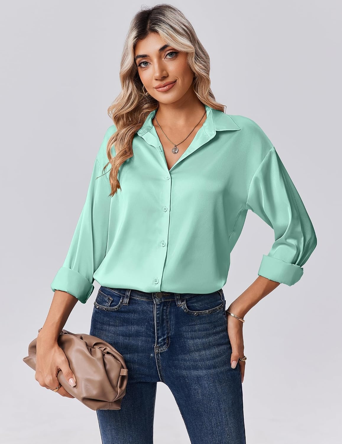 image:imageZeagoo Womens Tops Long Sleeve Satin Silk Button Down Shirts Dressy BlousesIce Green