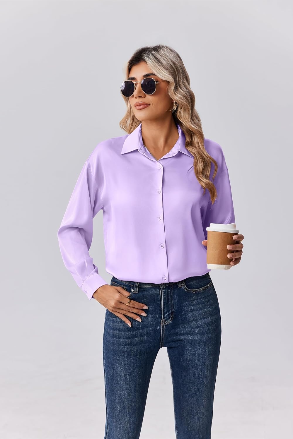 image:imageZeagoo Womens Tops Long Sleeve Satin Silk Button Down Shirts Dressy BlousesLavender
