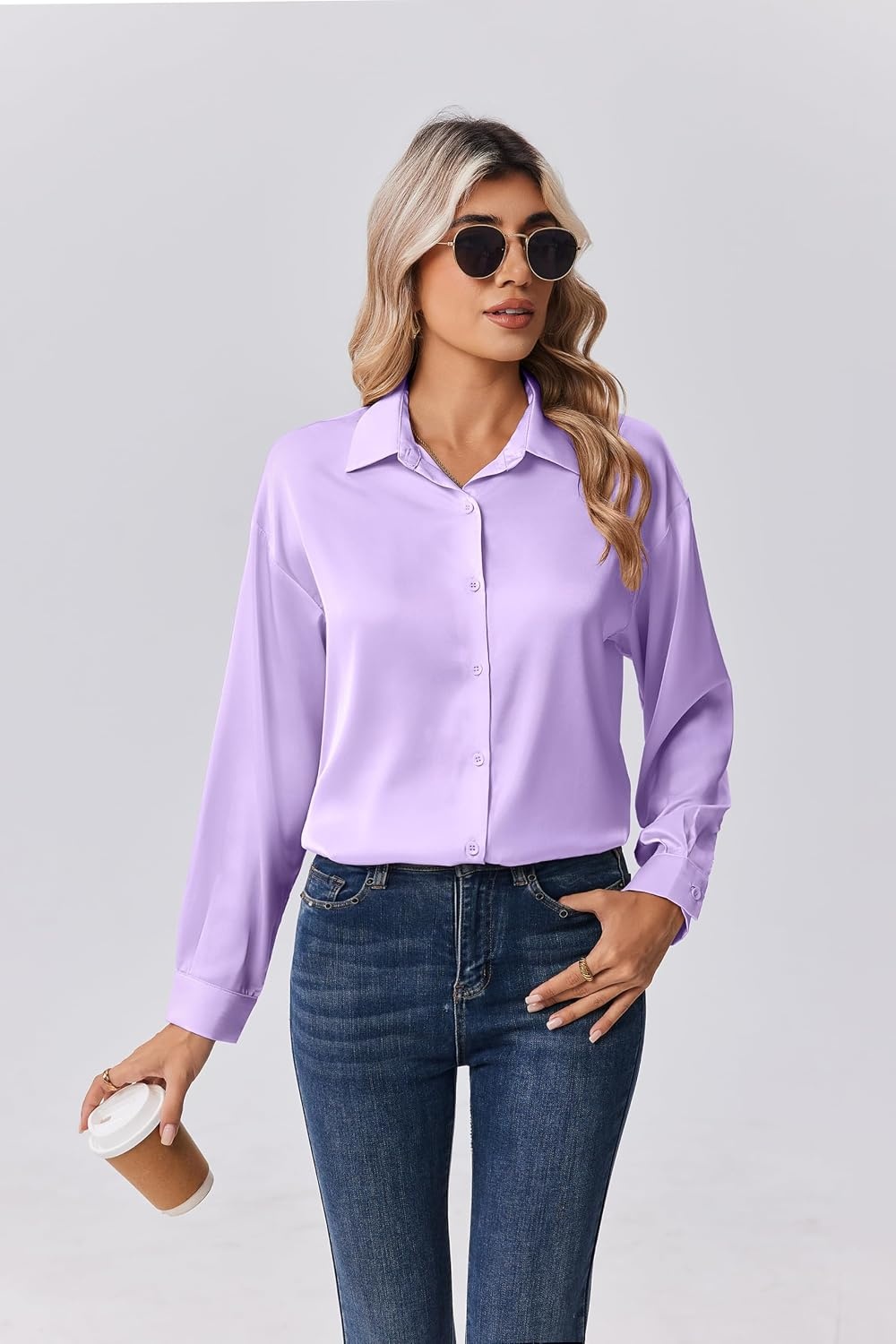 image:imageZeagoo Womens Tops Long Sleeve Satin Silk Button Down Shirts Dressy BlousesLavender