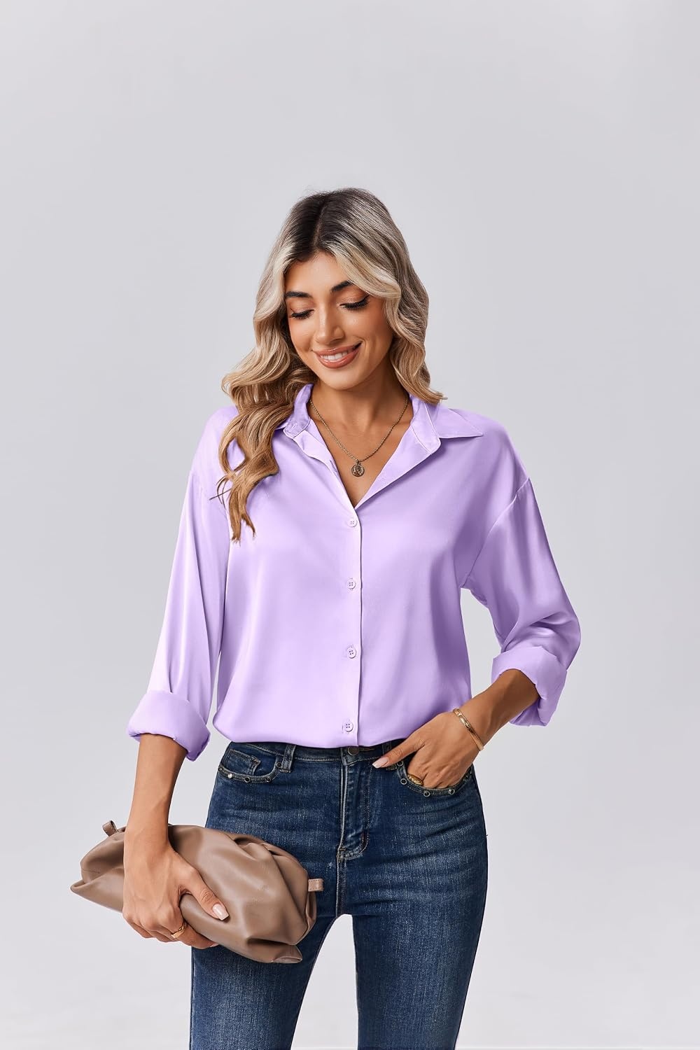 image:imageZeagoo Womens Tops Long Sleeve Satin Silk Button Down Shirts Dressy BlousesLavender