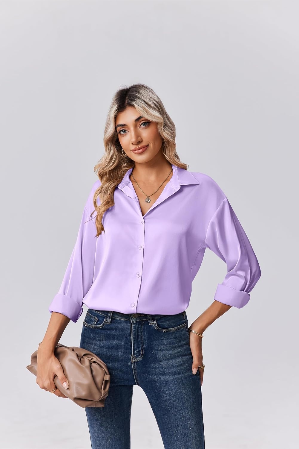 image:imageZeagoo Womens Tops Long Sleeve Satin Silk Button Down Shirts Dressy BlousesLavender