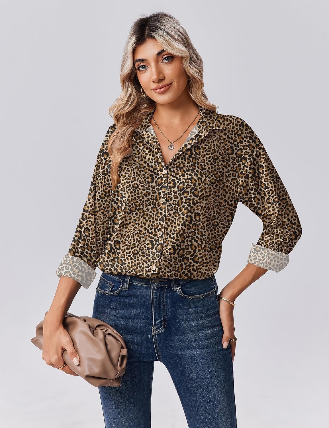 image:imageZeagoo Womens Tops Long Sleeve Satin Silk Button Down Shirts Dressy BlousesLeopard