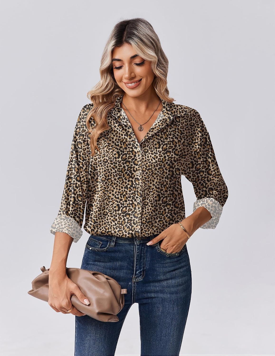 image:imageZeagoo Womens Tops Long Sleeve Satin Silk Button Down Shirts Dressy BlousesLeopard