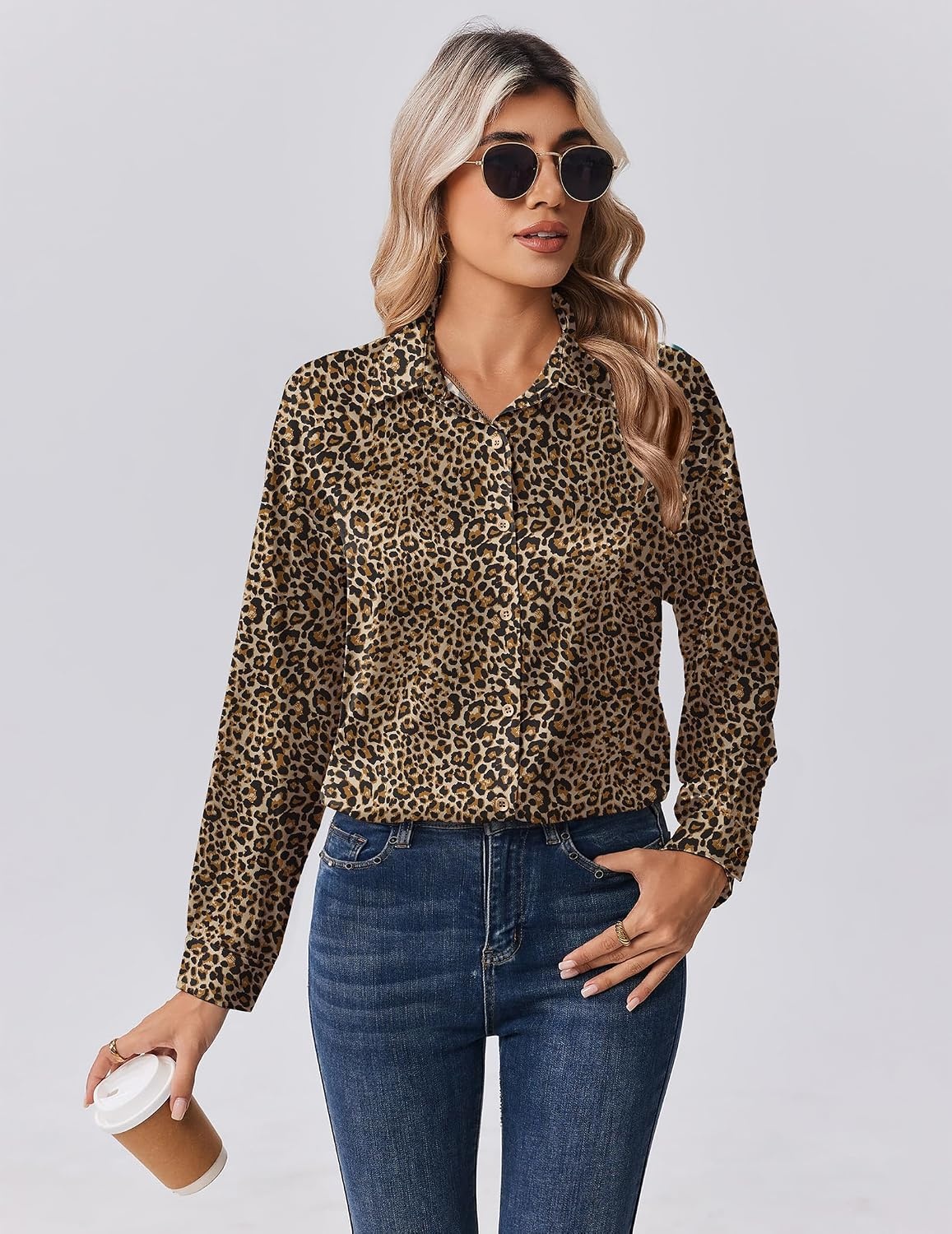 image:imageZeagoo Womens Tops Long Sleeve Satin Silk Button Down Shirts Dressy BlousesLeopard